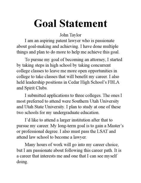 Goal Statement For Graduate School Template