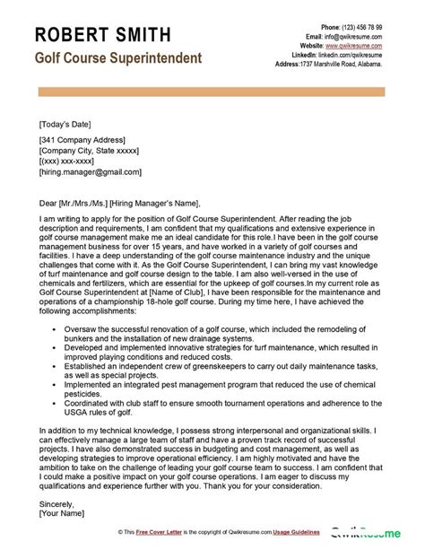 Golf Course Superintendent Cover Letter