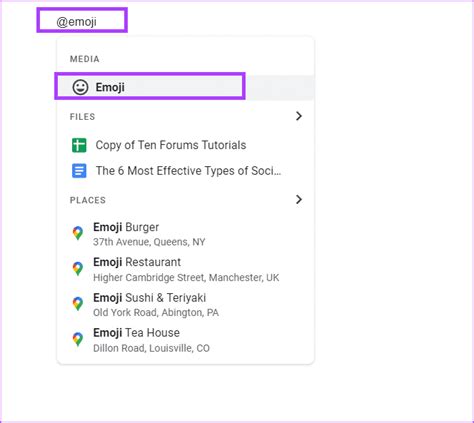 Google Docs lets you insert emojis with the universal insertion menu