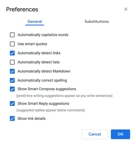 Google Docs preferences