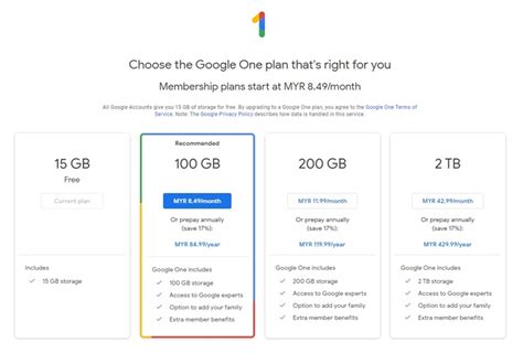 Google One Storage Pricing &amp; Options