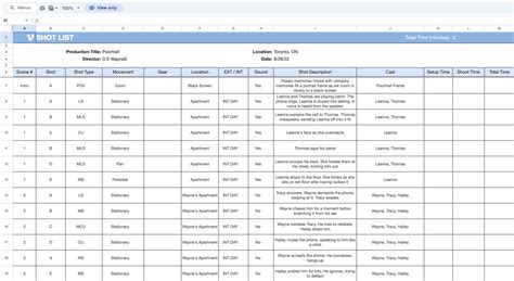Google Sheets Shot List Template