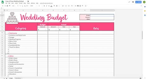 Google Sheets Wedding Budget Template