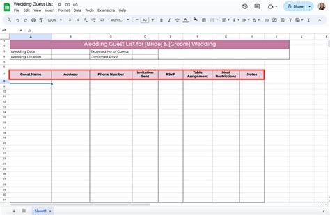 Google Sheets Wedding Guest List Template