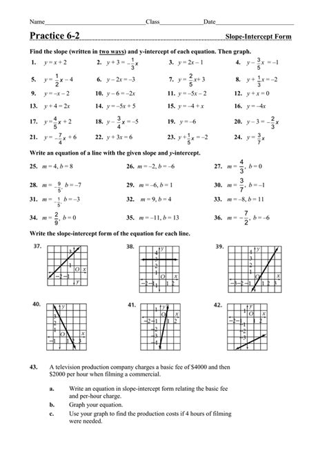 Graphing Linear Equations Slope Intercept Form Worksheet