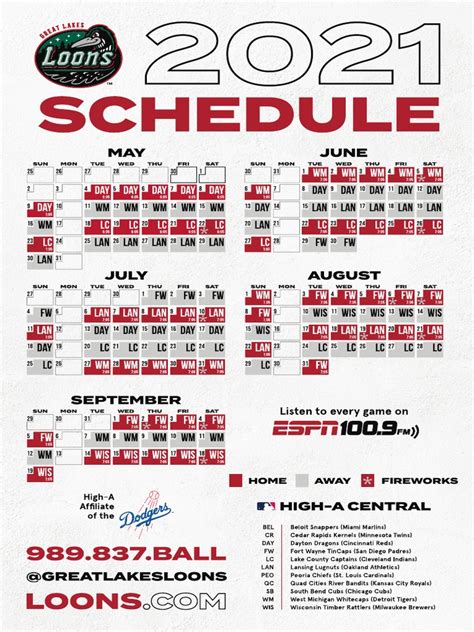 Great Lakes Loons Printable Schedule