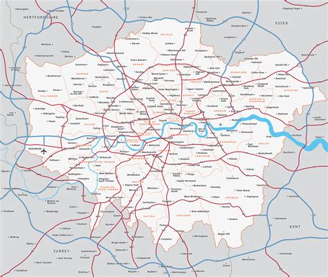 Map of Greater London postcode districts plus boroughs and major roads