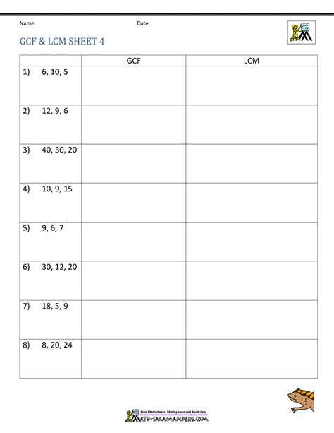 Greatest Common Factor And Least Common Multiple Worksheet