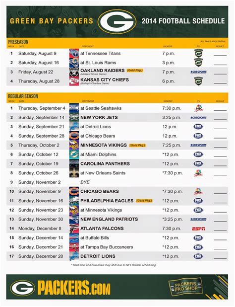 Green Bay Packer Printable Schedule