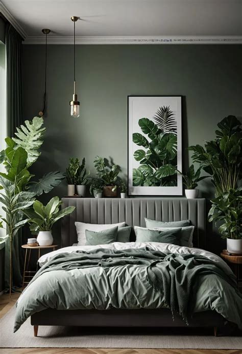 Green and grey bedroom with plants