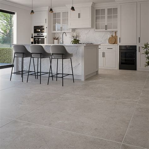 Elevate Your Kitchen with Chic Greige Floor Tiles - The Perfect Blend of Grey and Beige!