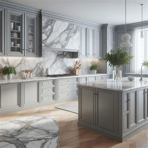 Elevate your Kitchen Style with Chic Grey Cabinets and Timeless White Marble Countertops