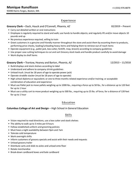 Grocery Clerk Resume