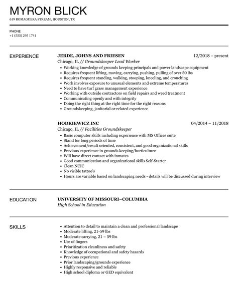 Groundskeeper Resume Sample