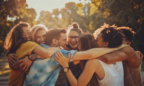Group of friends laughing and hugging