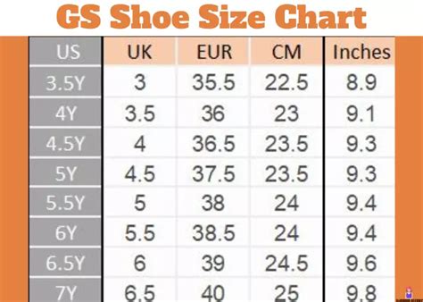 Gs Shoe Size Chart