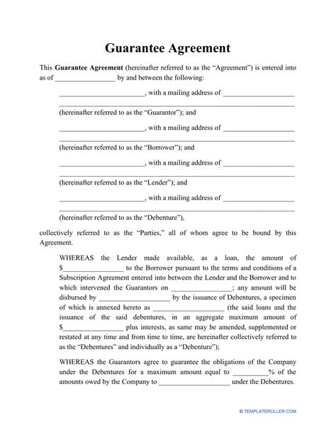 Free Printable Unconditional Guarantee Agreement Form (GENERIC)