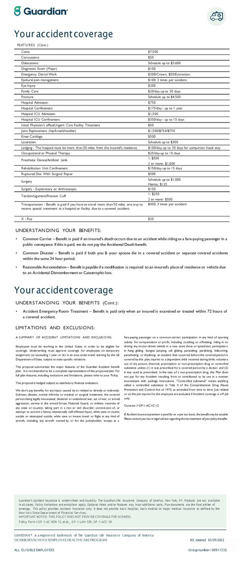 Guardian Accident Insurance Payout Chart