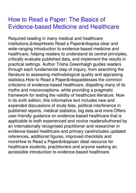 Guide to How To Read A Paper: The Basics Of Evidence-based Medicine And Healthcare