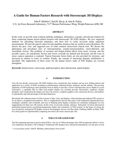 Guide to Human Factors Of Stereoscopic 3D Displays