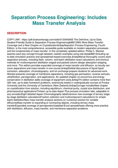 Guide to Separation Process Engineering Includes Mass Transfer Analysis