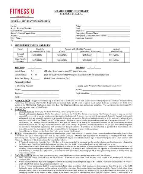 Gym Membership Contract Agreement