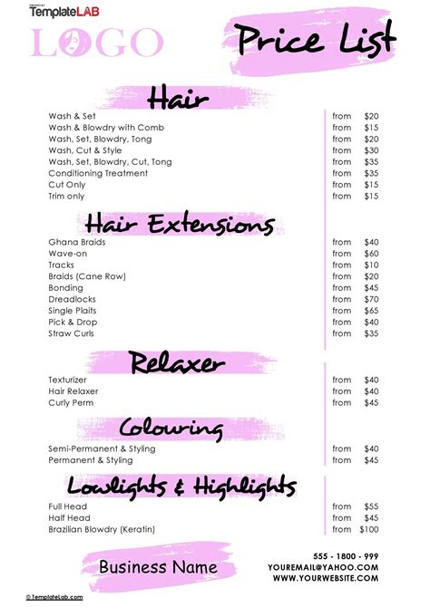 Hair Salon Price List Template Free