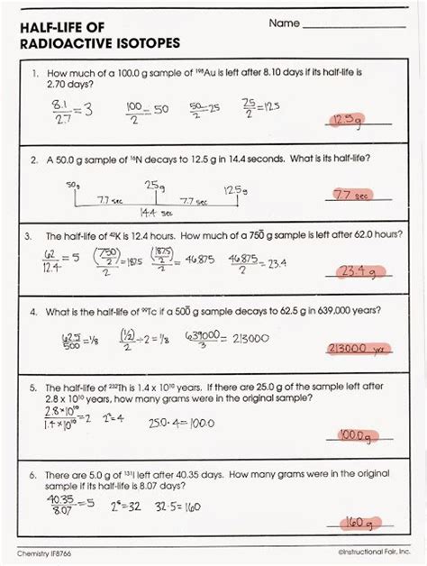 Half Life Calculations Worksheet