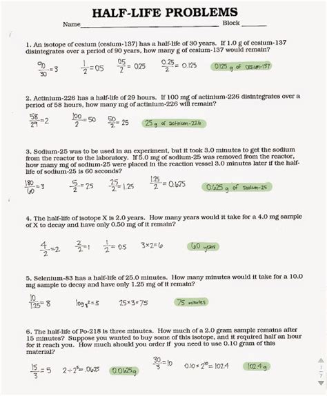 Half Life Problems Worksheet And Answers