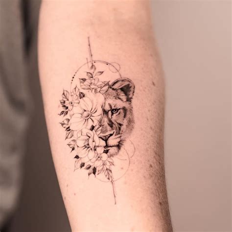 Half Lion Half Flowers Tattoo