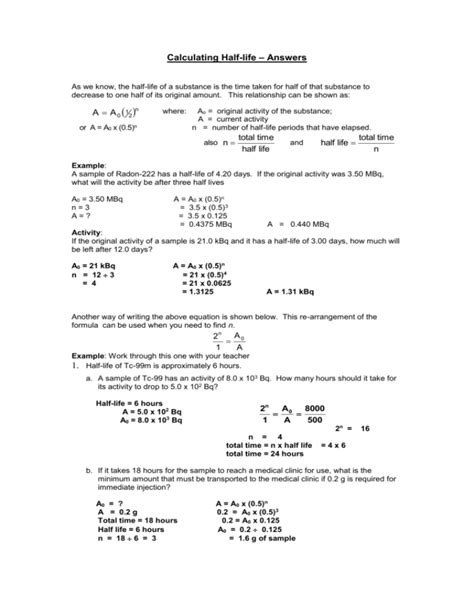 Halflife Calculations Worksheet
