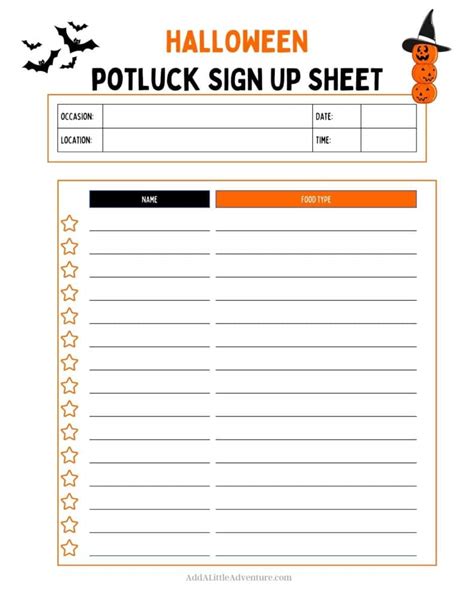 Halloween Potluck Sign Up Sheet Free Printable