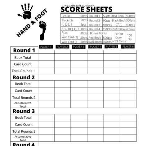 Hand And Foot Score Sheet Printable