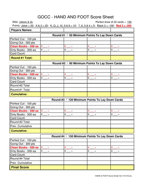 Hand And Foot Score Sheet Printable Free
