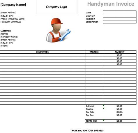 Handyman Invoice Template Excel