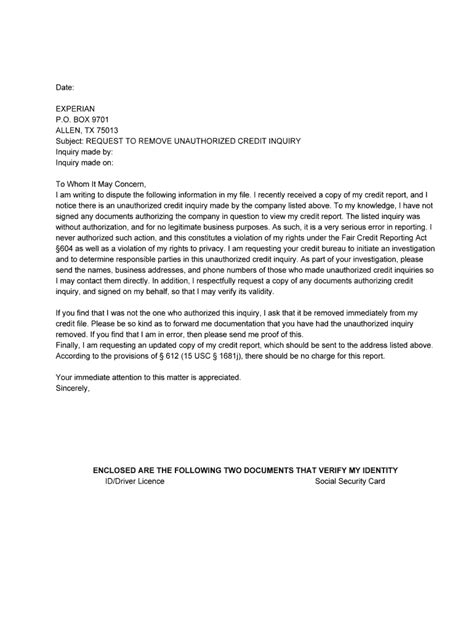 Hard Inquiry Removal Letter Template