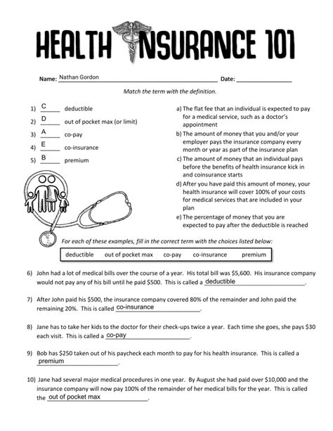 Health Insurance 101 Worksheet