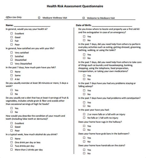 Health Risk Assessment Questionnaire Template Sample Templates
