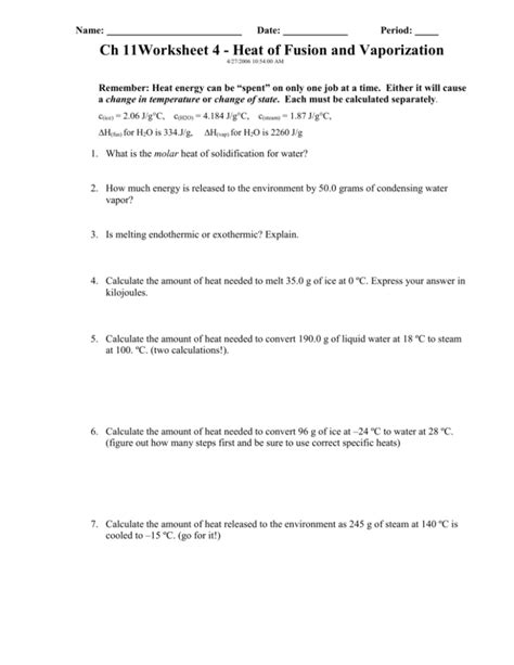 Heat Of Fusion And Vaporization Worksheet