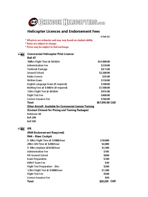 Helicopter Pricing and Inclusions