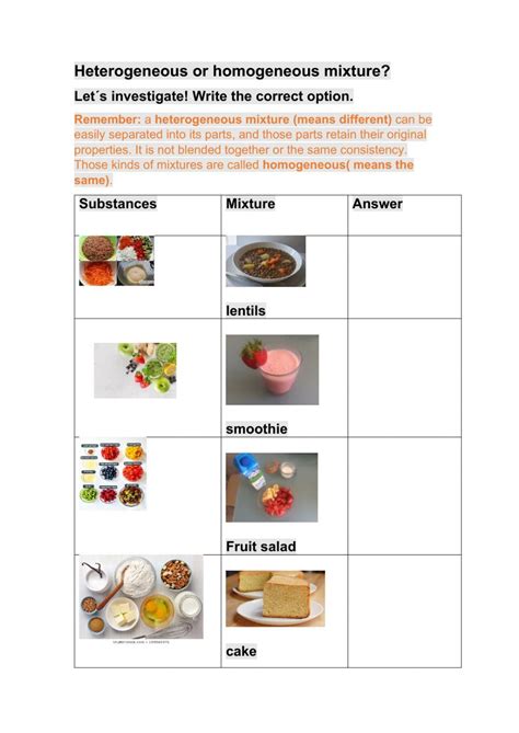 Heterogeneous Mixture Homogeneous Mixture Worksheet