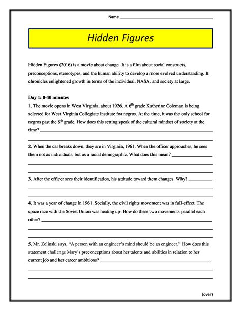 Hidden Figures Worksheet For Students