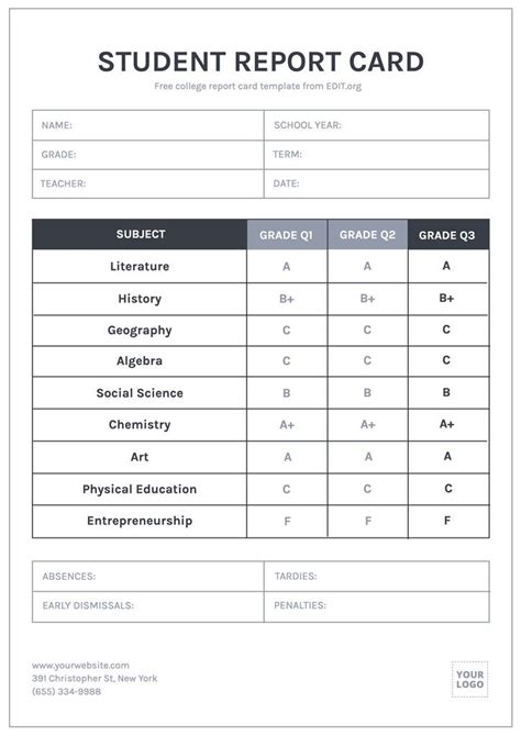 High School Student Report Card Template