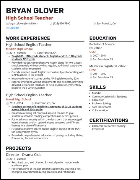 High School Teacher Resume Examples