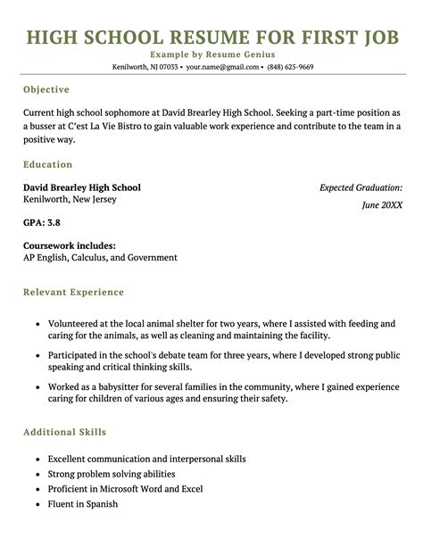 Highschool Student Job Resume Examples For Students
