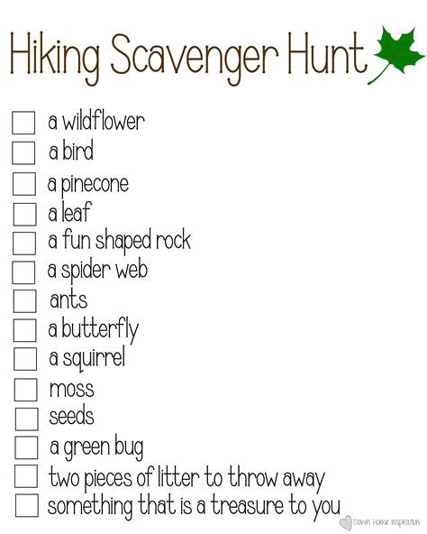 Hiking Scavenger Hunt Free Printable