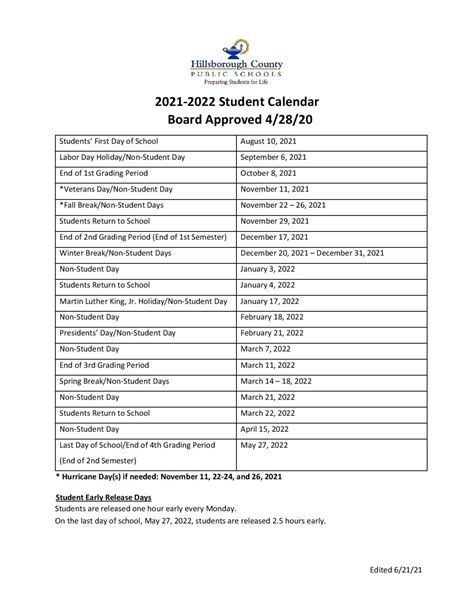 Hillsborough Student Calendar
