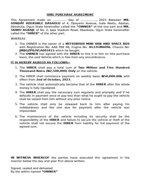 Hire Purchase Agreement