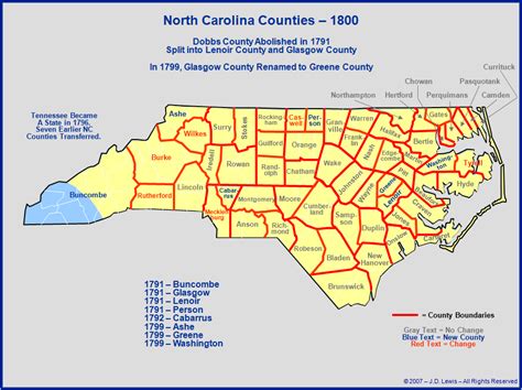 Map of North Carolina counties with the history of MAP counties