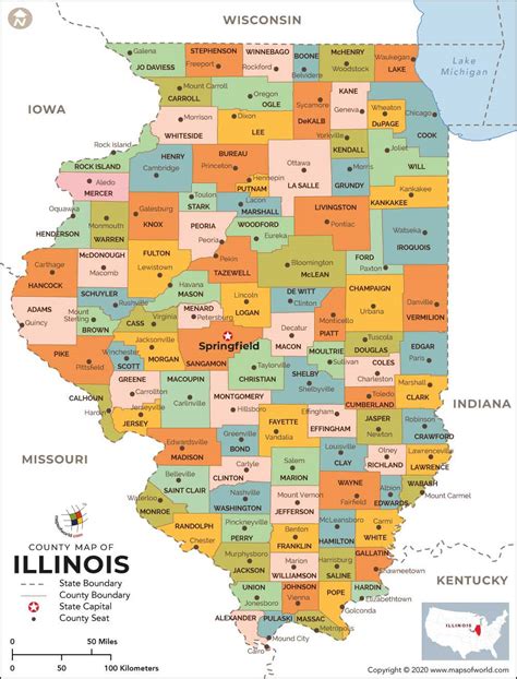 Map of Illinois with county lines and cities